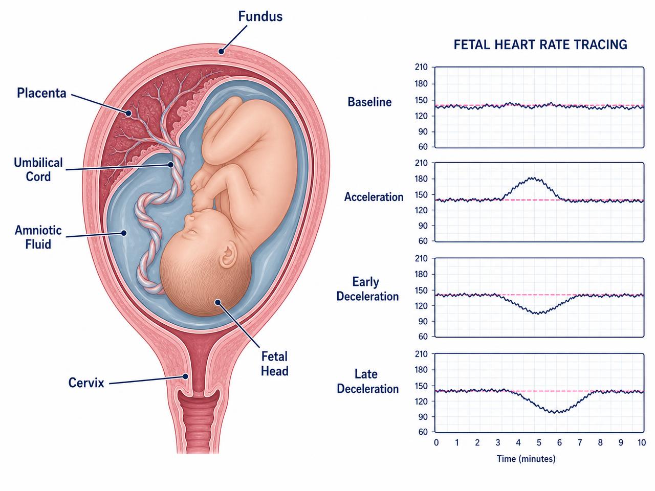Labelled pregnant uterus with fetus and fetal heart rate tracing patterns